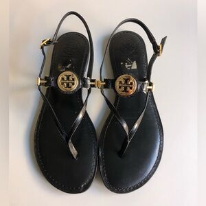 Tory Burch Black Leather Logo Embellished Flat Thong Slingback Sandals Size: 9.5